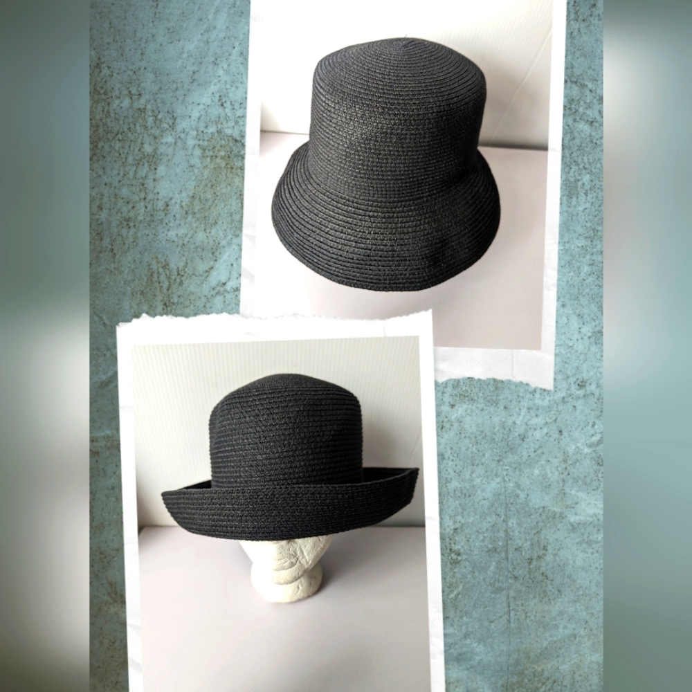 Black Rollup Woven Womens Hat Chic NY Y2K VTG Fashion Trendy Vacation Sun Toyo